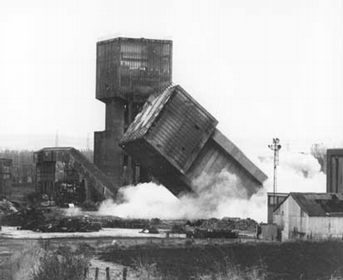 Demolition of Scotland's last superpit, Monktonhall, near Edinburgh, destroyed with high explosives in 1977.