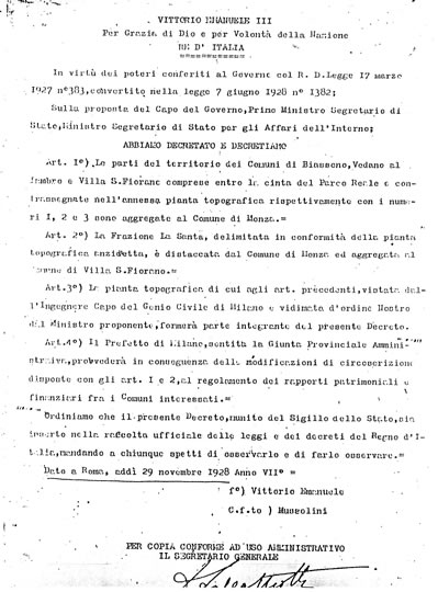 Testo del Regio decreto di annessione dei territori Biassonesi a Monza