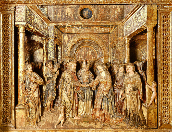 Ancona del santuario dell'Assunta, Particolare dello sposalizio di Maria.  Morbegno (SO)