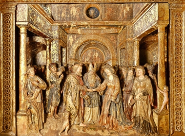 Ancona del santuario dell'Assunta, Particolare dello sposalizio di Maria. Morbegno (SO)
