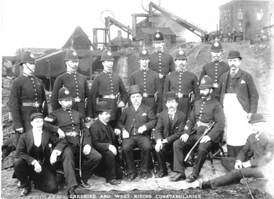 Police with colliery officials on duty at Tankersley colliery during the 1893 strike